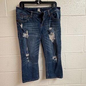 H2J Women Distressed Capri Jeans 15/16 Wash Flap Embroidered Studded Y2K Denim